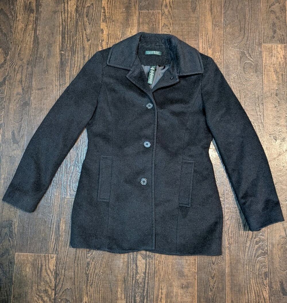 Lauren Ralph Lauren Women's Wool Blend Car Coat Black Peacoat Size 4 Mid-Length